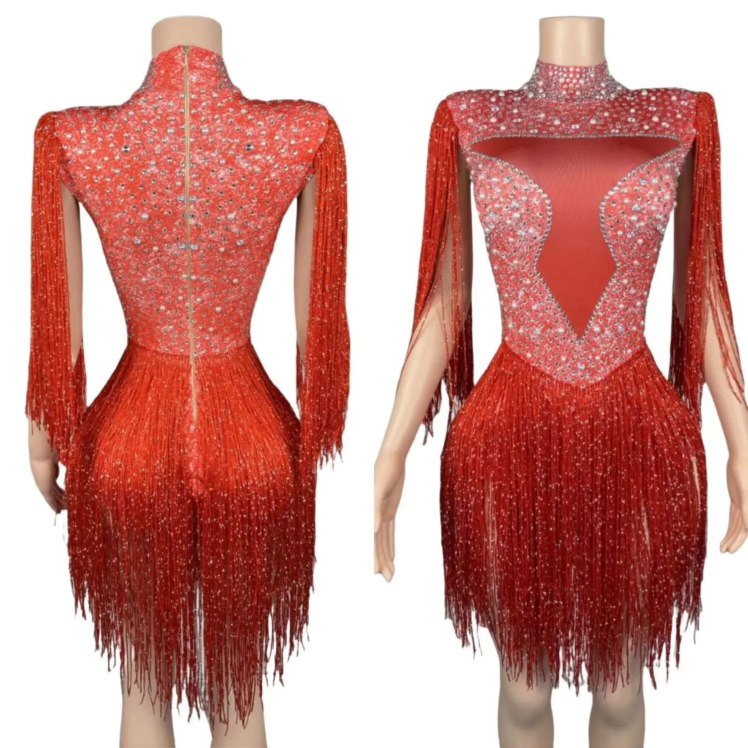 

Singer Dancer Stage Performance Wear Rhinestones Fringes Crystals Fancy Bodysuit Sexy Spandex Party Show Dance Costume Hongri