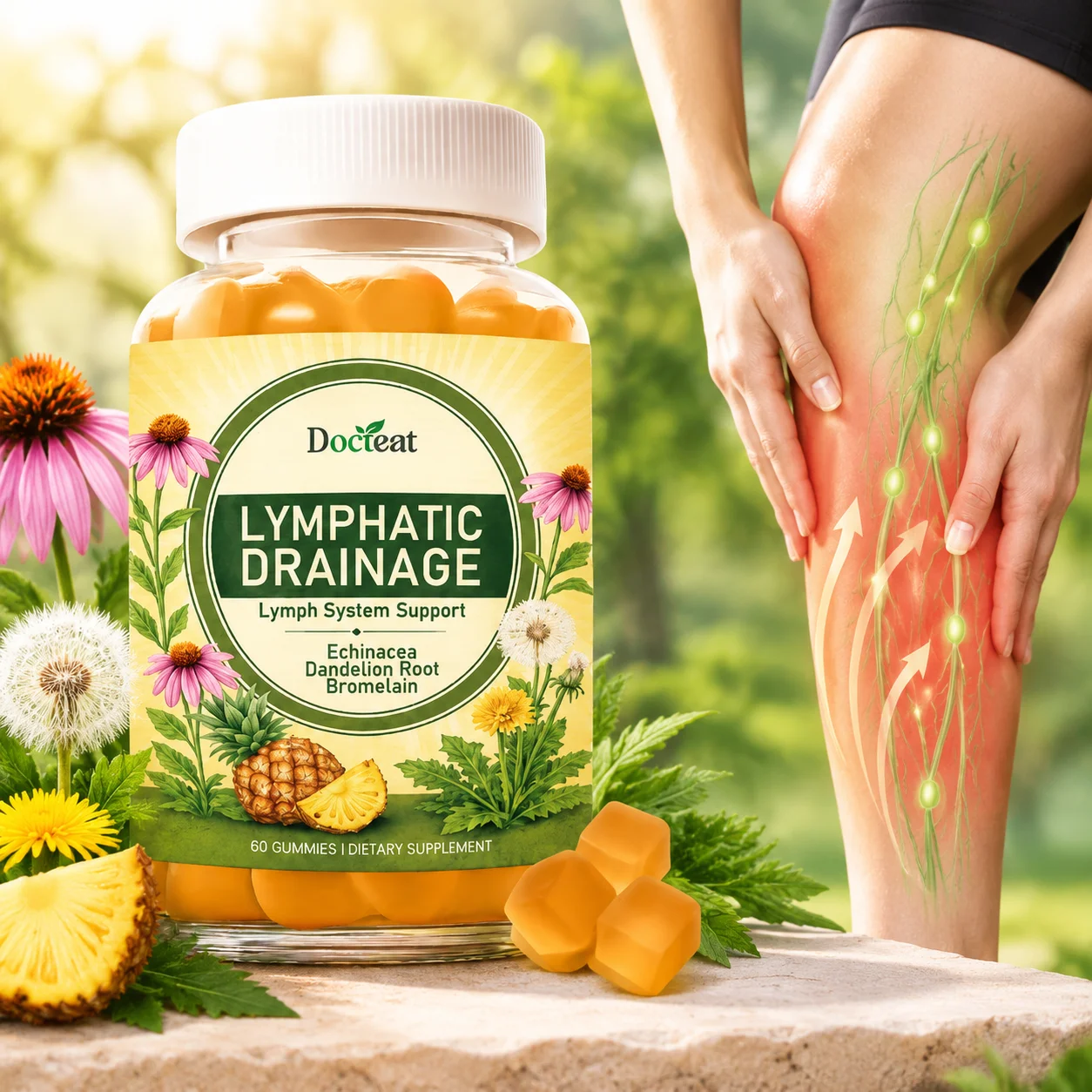 Lymphatic Drainage Gummies Body Detox and Cleansing Radiant Skin Immune Balance Echinacea Dandelion Root 60 Gummies for Swelling