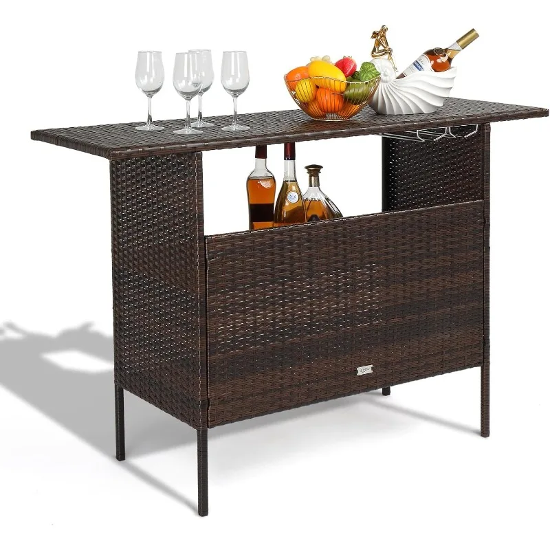 

Wicker Outdoor Bar Table with 2 Steel Shelves, 2 Sets of Rails, Patio Bar Table Outdoor Table with Storage for Backyard