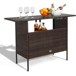 Mesa de Bar de mimbre para exteriores con 2 estantes de acero, 2 juegos de rieles, mesa de Bar de Patio para exteriores con almacenamiento para Patio trasero