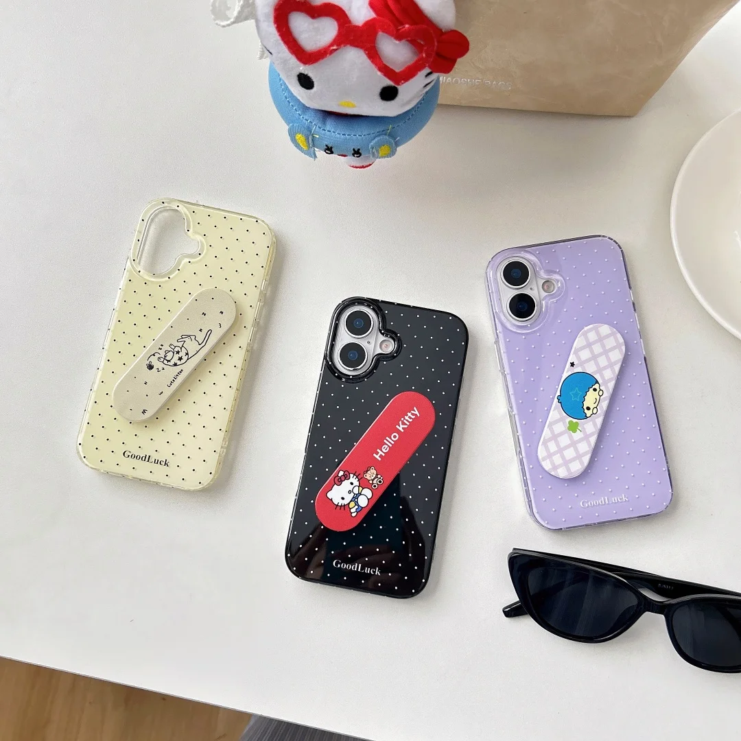 

Korean Cute white Polka Dot Finger Band Aid Bracket Holder Phone Case For iPhone 16 15 Pro Max 14 Plus 13 12 16E Cover﻿﻿
