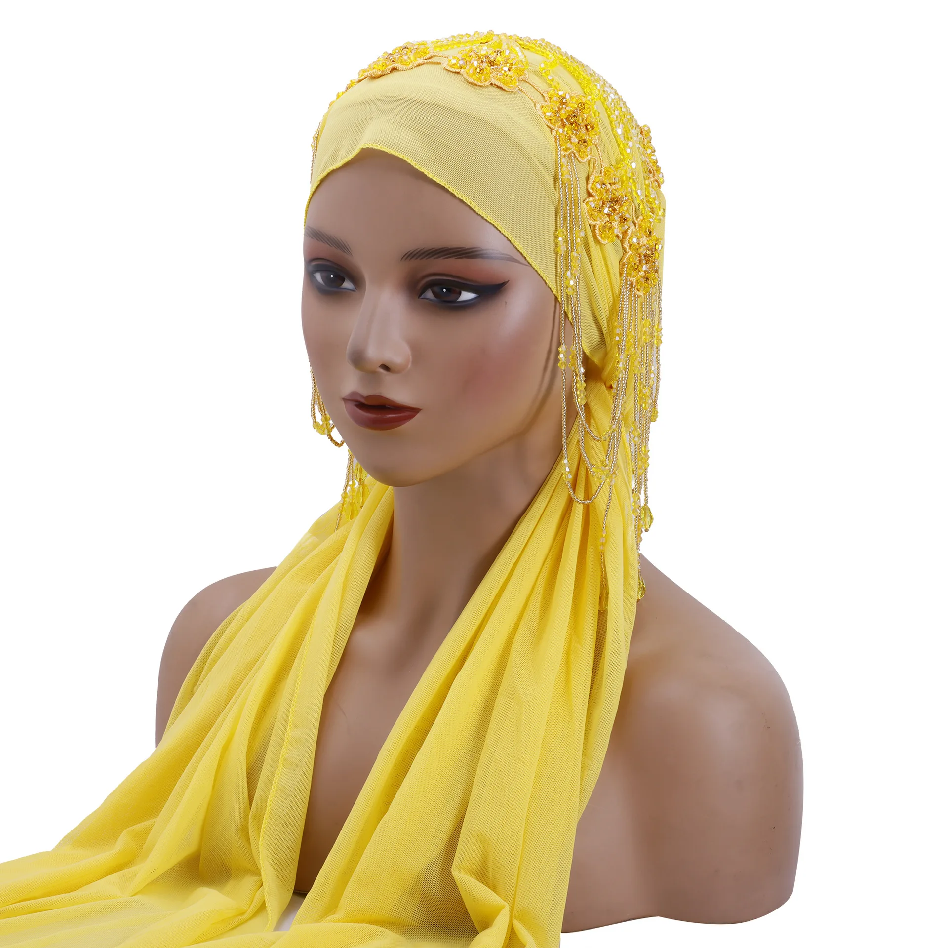 Elegant Women Beading Tassel Flower Turban Amira Shawls Wrap Fashion Headscarf Arabic Scarves Soft Comfortable for Wedding Party