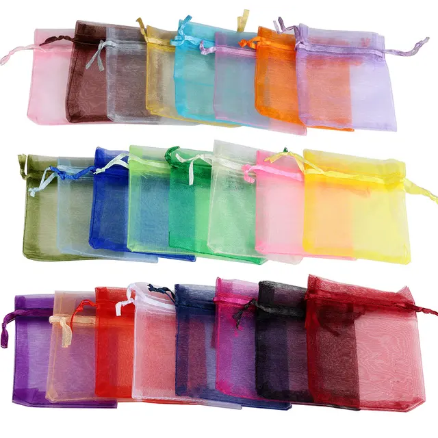 100 sztuk/partia 24 kolory Organza torby na biżuterię 7x9 9x12 10x15 13x18CM woreczki ze sznurkiem na ślub cukierki torby na prezenty pakowanie biżuterii