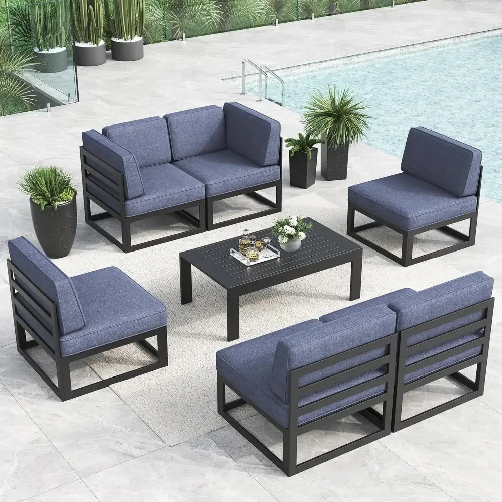 

Large Aluminum Patio Furniture Set, Modern Outdoor Conversation Set Sectional Metal Sofa Set with Olefin Cushion