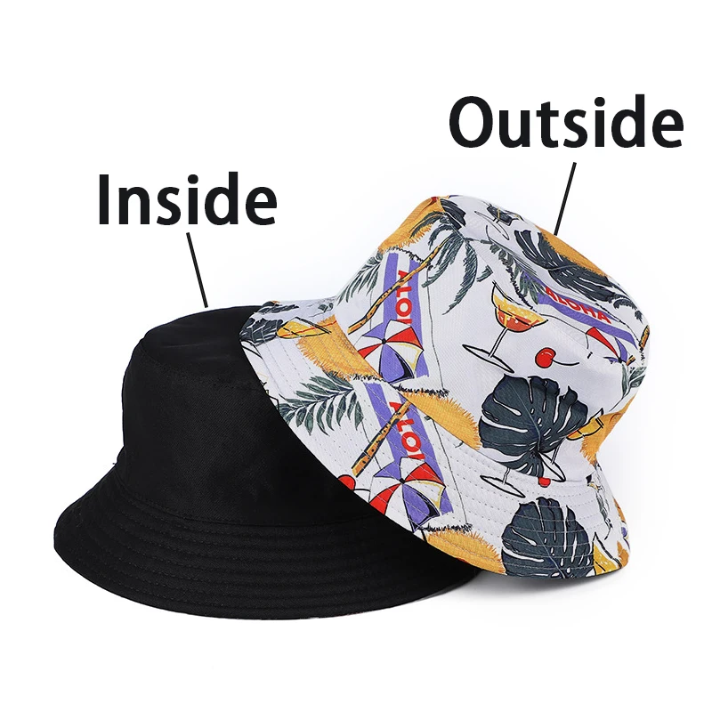 Bocca Hawaii Style Bucket Hat Cartoon Coconut Trees Fisherman Hats Double Sides Panama Cap Beach Outdoor Travel Summer Sunscreen