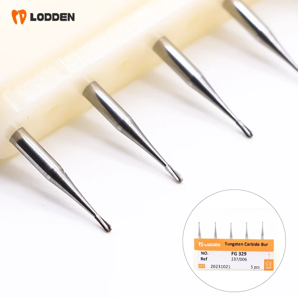

LODDEN 5pcs/box Dental Tungsten Carbide Burs FG 329 Pear Plain Cut Drills 1.6mm High Speed for Dentistry Grinding Tools
