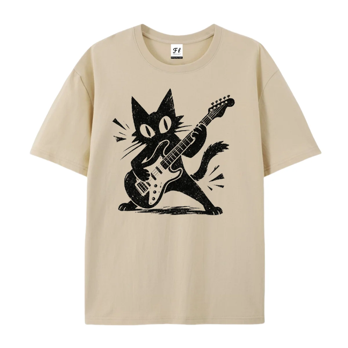 Rock Star Cat Graphic T‑Shirt Cool Black Cat Playing Electric Guitar Retro Ink Sketch Print Punk Rock Music Casual Unisex Shirts