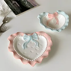 Cute Ceramic Dinner Plate Love Bow Jewelry Display Tray Wavy Edge Breakfast Plate Home Decor Photography Props