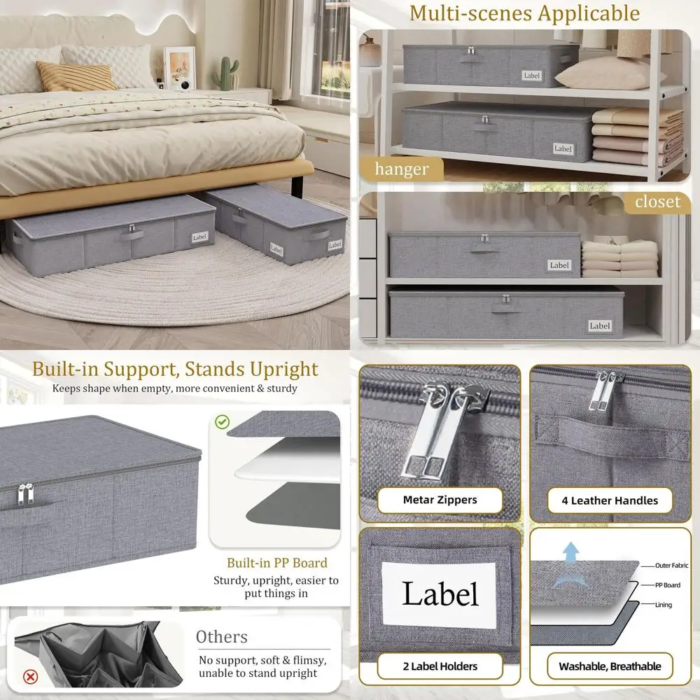 

Large Grey Underbed Storage Bags with Lids, 4-Pack, 31.5L x 15.7W x 6H, Sturdy Zipper and Label Holders