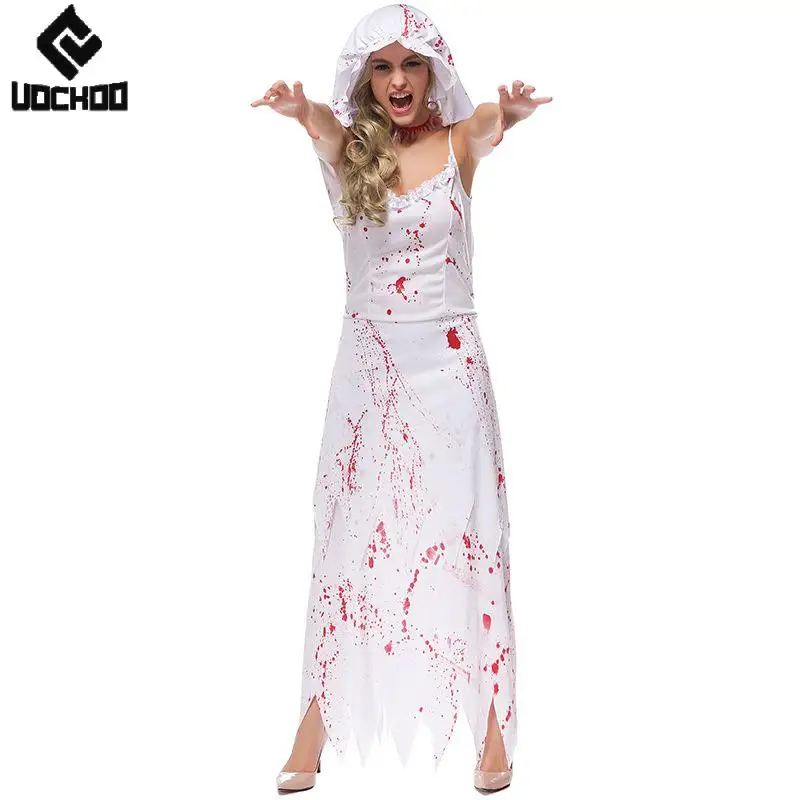 

Zombie Cosplay Costume Halloween Bloodstain Dress Carnival Ghost Dress Up Horror Film Outfit Women Day of The Dead Clothing