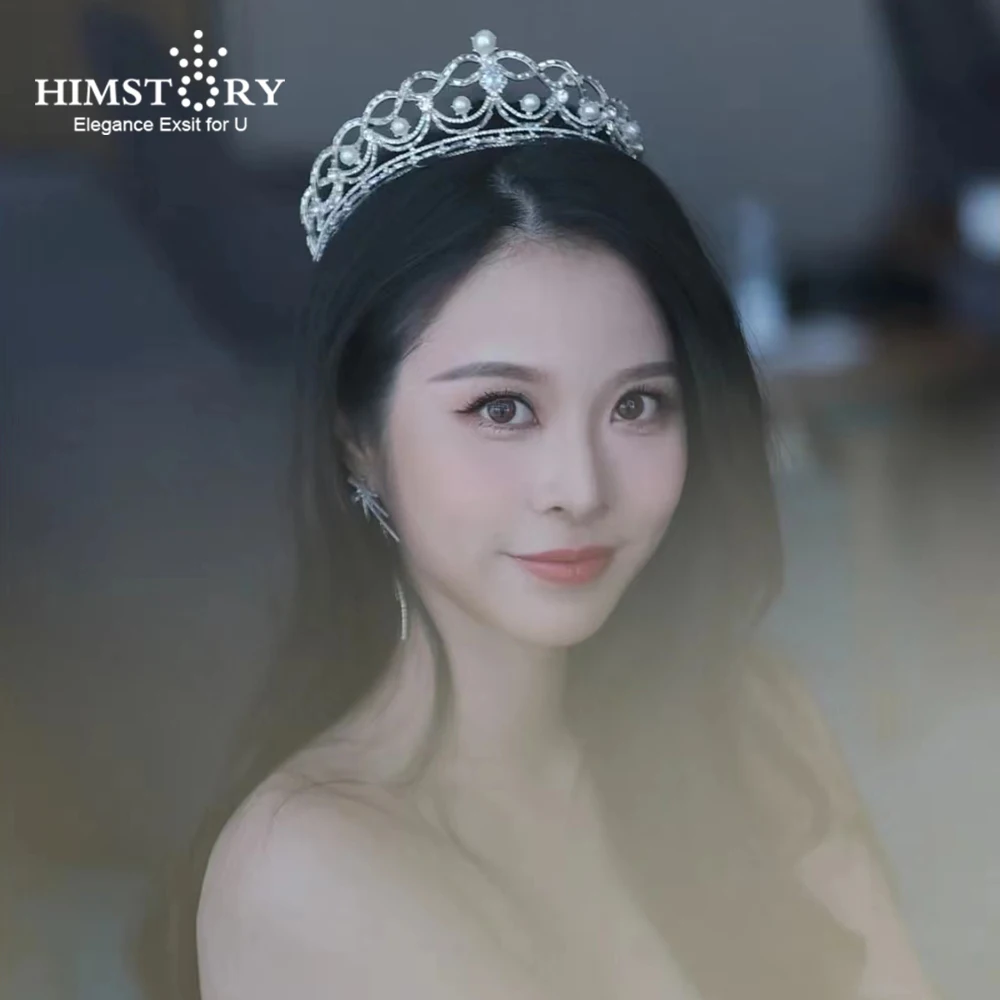 HIMSTORY Baroque Luxury Pearl Gentle Wave Shape Bridal Tiaras Crown Rhinestone Pageant Diadem  Headband Wedding Hair Accessories