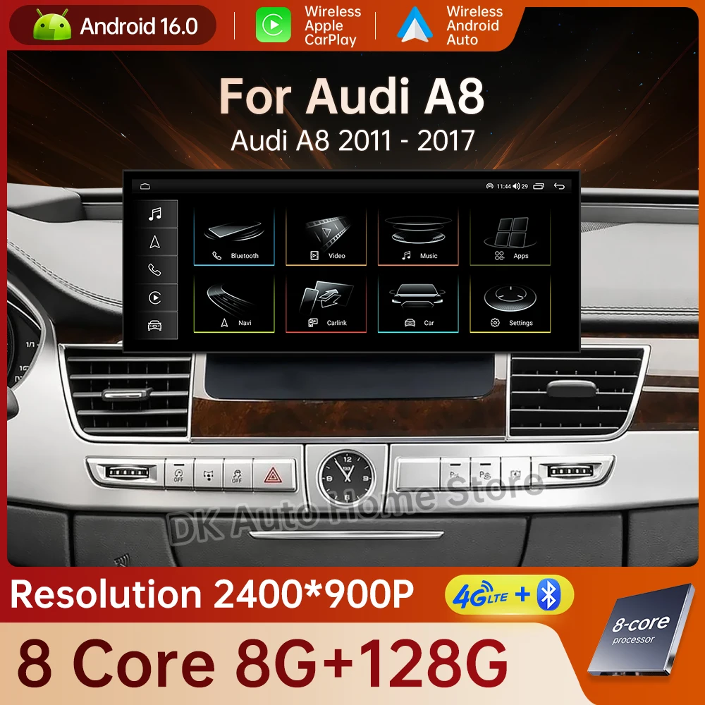 Android 16 Car Wireless Auto For Audi A8 2011 - 2017 QLED Touch Screen Carplay GPS Navigation Bluetooth Tools Split Screen DSP
