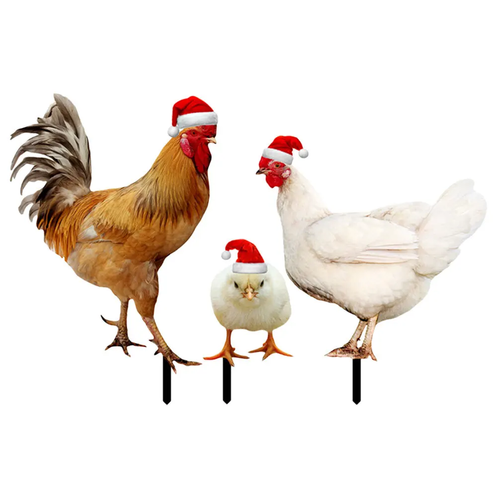 3Pcs Christmas Chicken Stake Acrylic Yard Decoration Outdoor Garden Chick Rooster Sign Decorative Lawn Ornament
