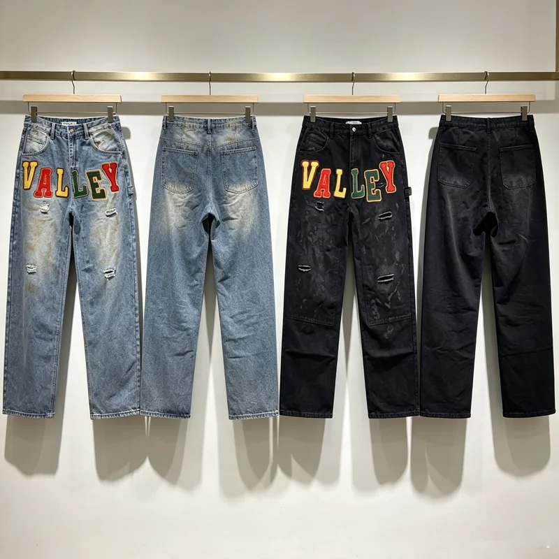 

stain VALLEY colorful embroidered Label cargo jeans men women high quality multi pockets loose washed hole damaged pants trouser