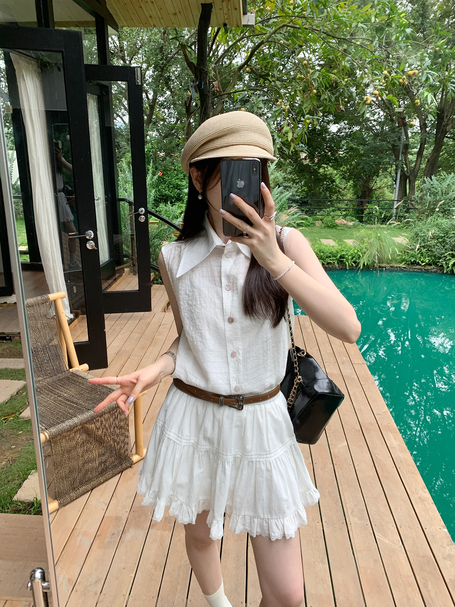 Women's  Neck Shirt Sleeveless Outerwear Tank Top Set Summer New Style Small Asset No Sleeve Polka Dot Design Thin Model