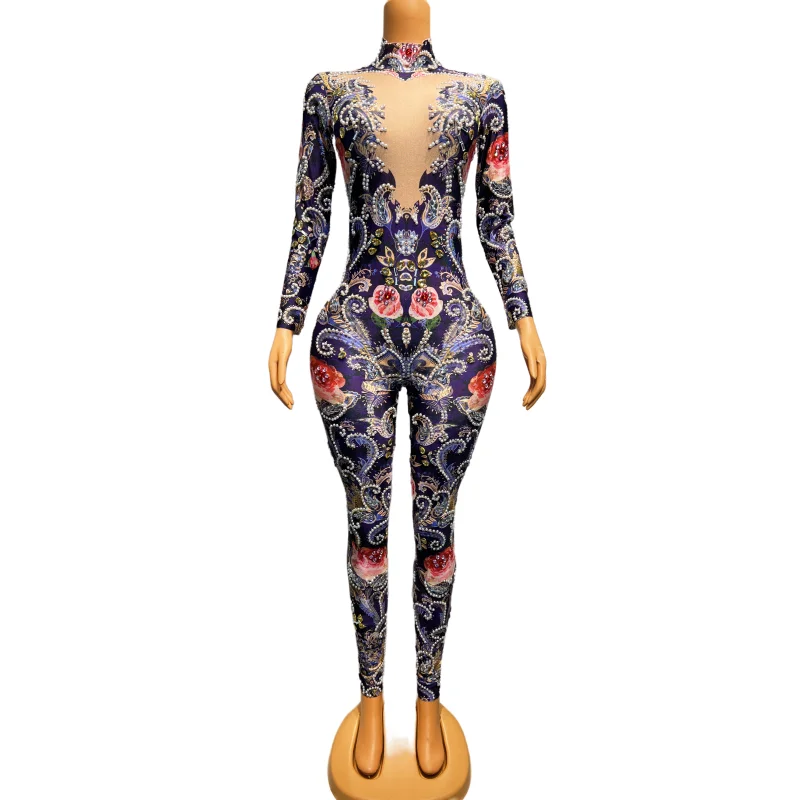 Bar Nightclub Singer Sexy Stage Wear Flower Print Pearl Tight Jumpsuit Club Party Show Rave Outfit Floral Leotard Dance Costume