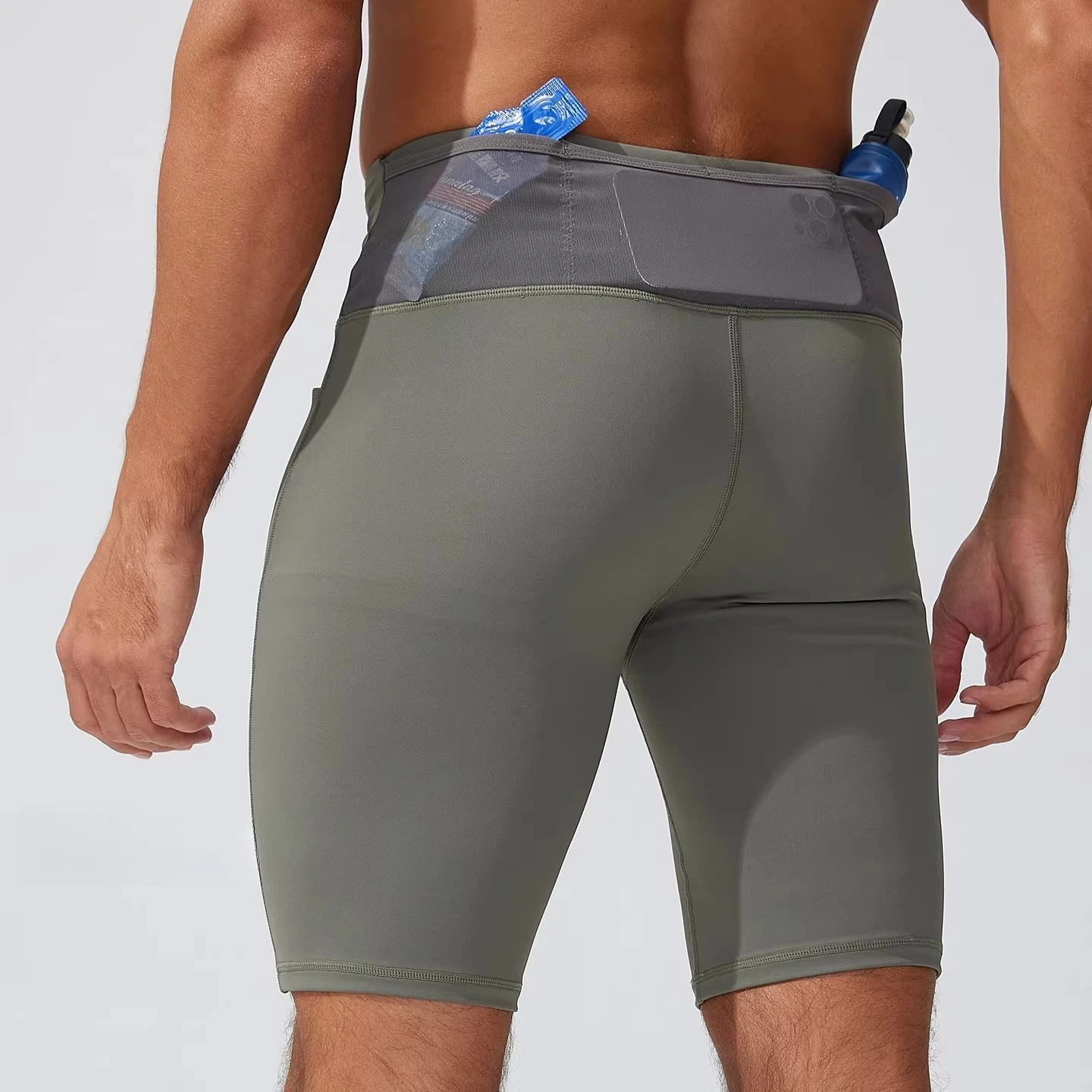 Men's Compression Running Shorts with Back Waist Storage Pockets, High-Waisted Breathable Athletic Bike Shorts for Workout