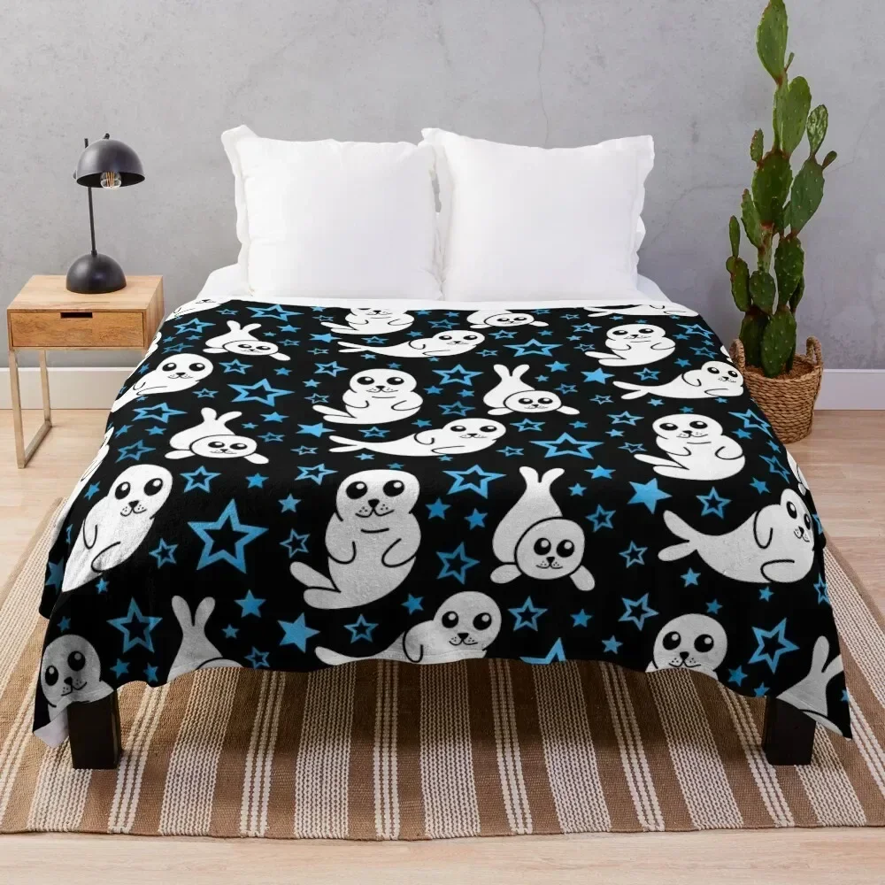 

Harp Seal Blue Stars Pattern Throw Blanket Thermals For Travel Tourist Comforter Blankets