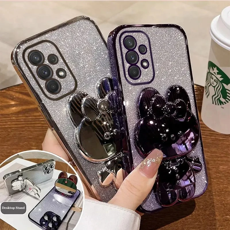 Mirror Phone Holder Gradient Glitter Case For Samsung Galaxy A54 A34 A24 A14 A05 4G 5G Stand Cover