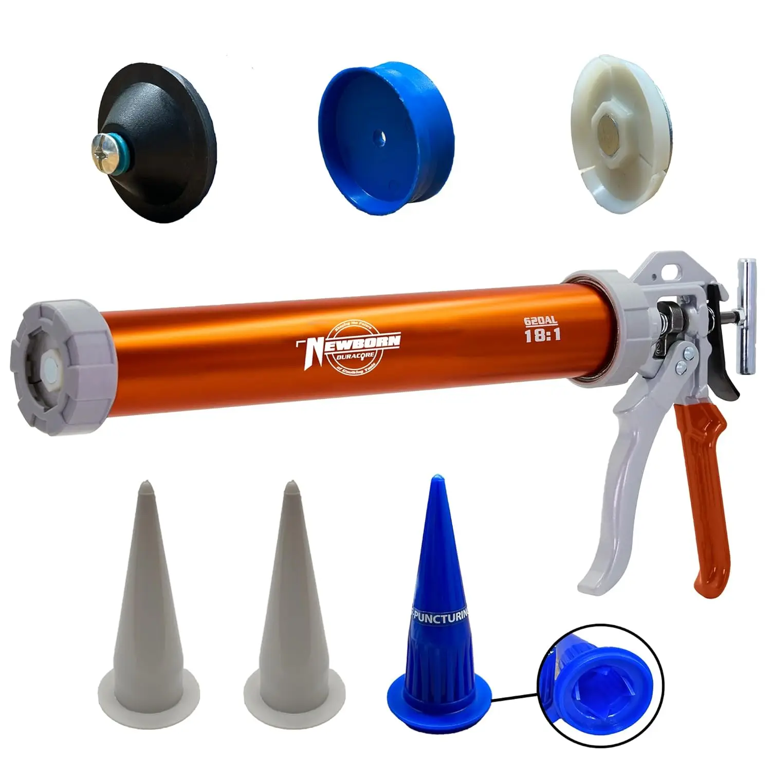 Newborn 620Al-Orange Round Rod Caulk Gun With Aluminum Barrel - 18:1 Thrust Ratio | 20 Oz. Sausage Cartridge Capacity |