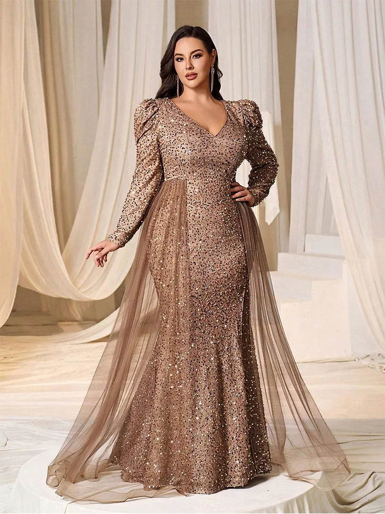 Plus Size V-neck Apricot Luxurious Long Sleeve Sparkling Evening Gown Big Size Prom Party Gorgeous Sparkling Evening Gown