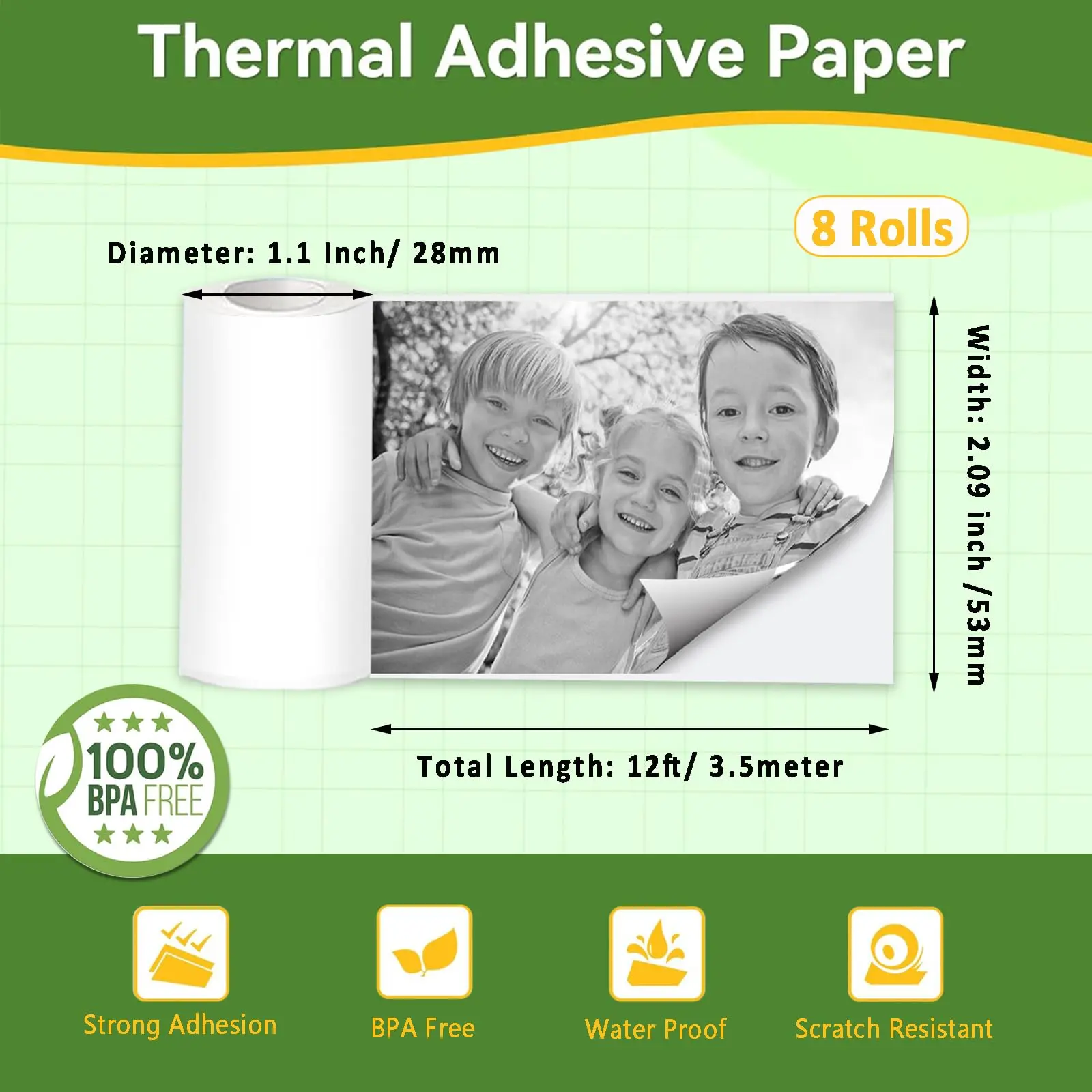 Mini Sticker Printer Label 53x28mm Continuous Thermal Paper for Miouca Thermal Label Printer, White Adhesive Sticker