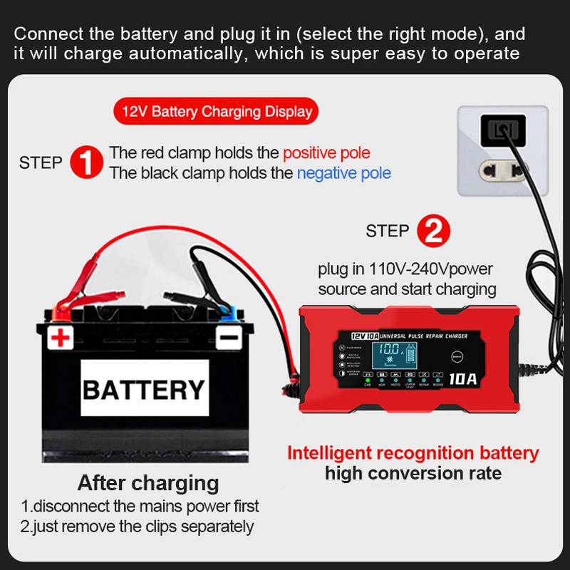 12V 10A Smart Car Battery Charger 14.6V 10A Electric Motorcycles Charger For Lifepo4 Lead Acid AGM GEL PB Lithium Battery Repair