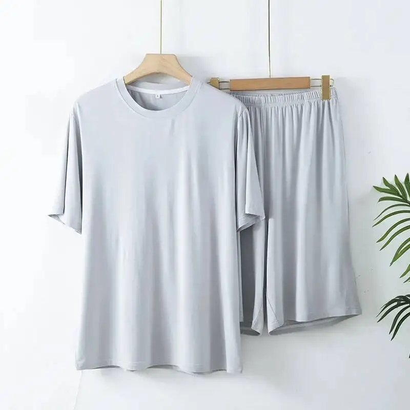 

Простые однотонные мужские пижамы из бамбукового волокна, пуловеры с короткими рукавами и шортами, летний тонкий комплект домашней одежды из двух предметов