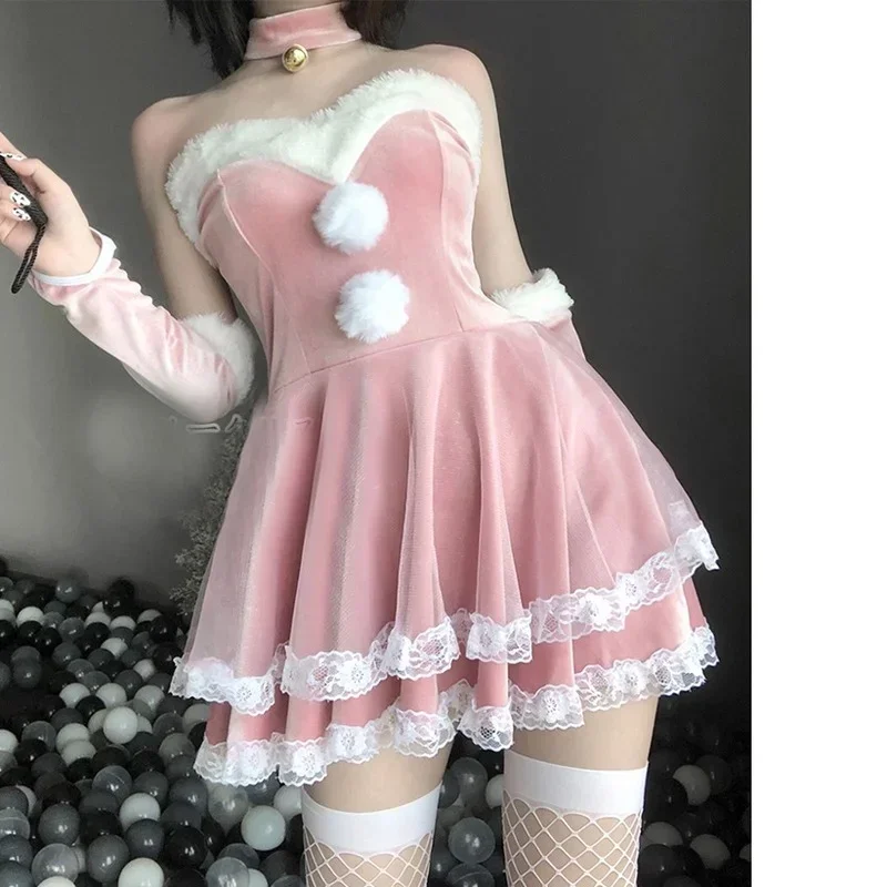 Disfraces de Navidad rojos para mujer, Papá Noel, conejito de terciopelo, juego de rol, encaje, conejo Lolita, trajes COS, vestido Kawaii, camarera, Unifo U