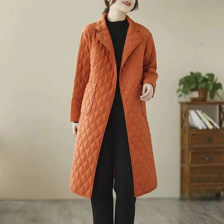 2023 New Arrival Rhombic Lattice Pockets Vintage Autumn Winter Outwear Down Coats Padded Cotton Fashion Women Casual Long Coats