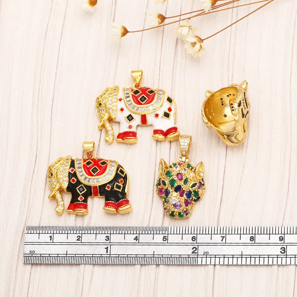 OCESRIO Vintage Enamel Crystal Elephant Necklace Pendant Copper Gold Plated CZ Leopard Pig Jewelry Making Supplies pdta939