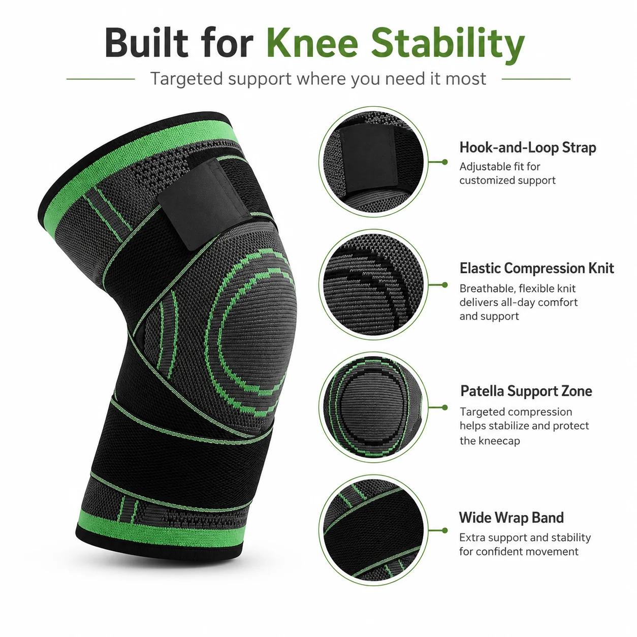 Adjustable Compression Knee Brace with Wraparound Straps, Breathable Knitted Patella Support Sleeve for Sports, Men & Women, 1PC