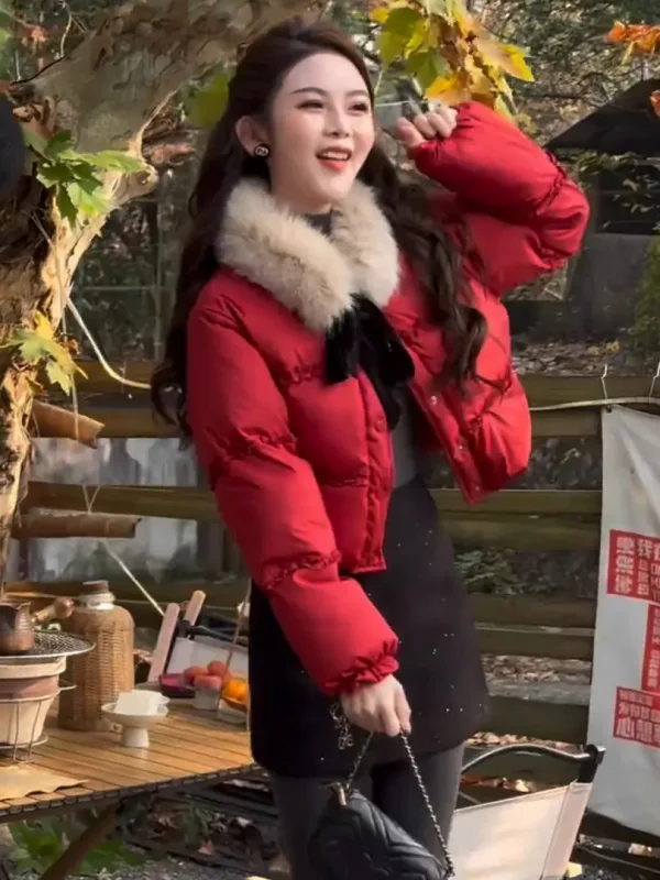 

Korean Sle ort Cotton Jaet Women's Winter Coat Large Fur Collar Girls Heart Cross Year Red Outerwear Trendy Faion