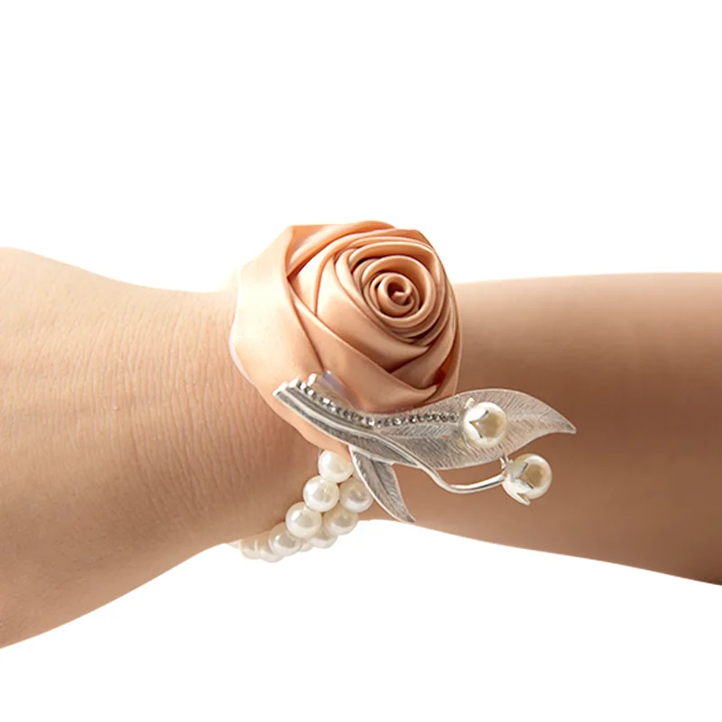 Champagne Pols Corsage Bruidsmeisje Rose Satin Bruidsmeisje Parel Bruiloft Accessoires Voor Bruid