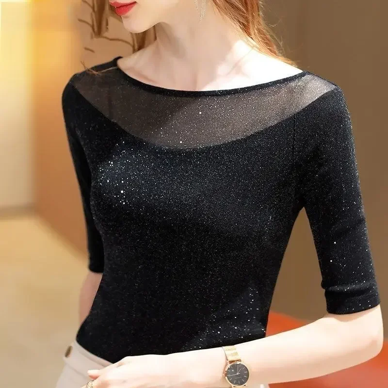 Party Dresses Line Dance Costume Latin Tops Ballroom Dance Wear Sparkling and Shining Mesh Shirt Modern Women Adult Practice Top