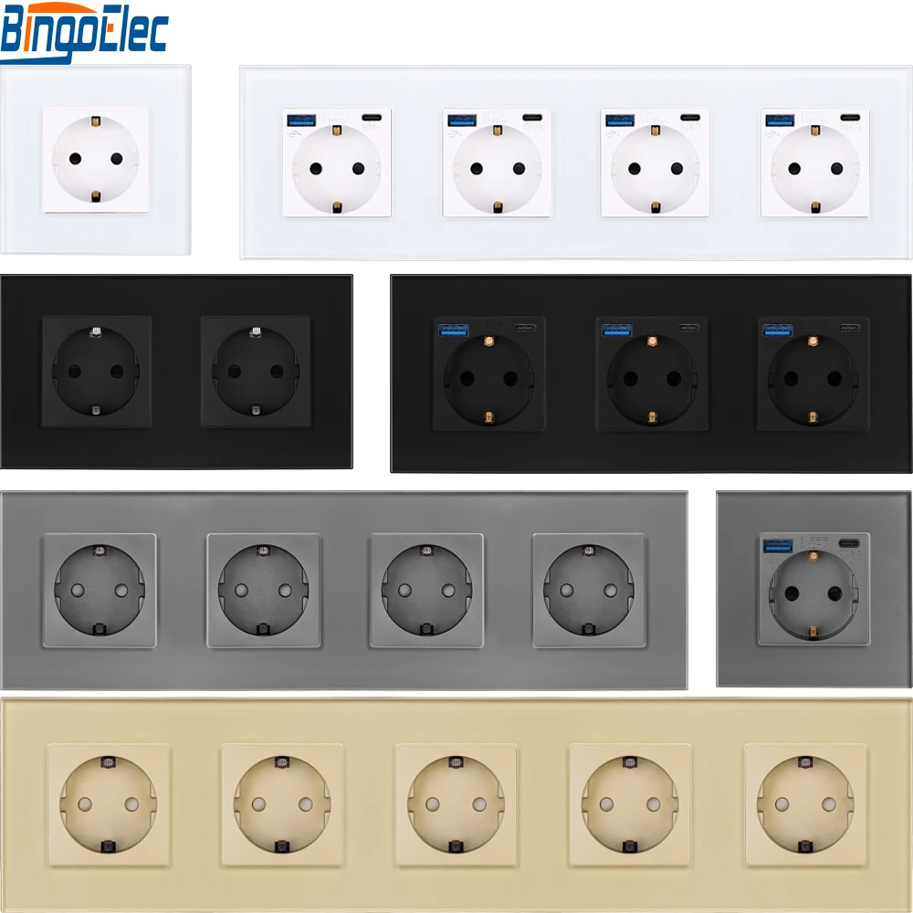 Bingoelec EU Standard USB Wall Power Sockets Type-C Electrical Outlets Wall Socket USB Charge Port Glass Panel 20W 3.1A 16A