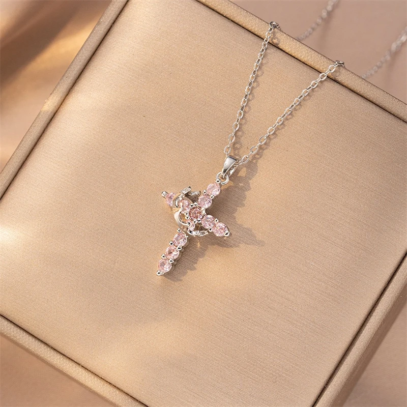 Exquisite Krone Kreuz Strass rotierende Halskette für Frauen Mode Kupfer Edelstahl Halskette Party Bankett Schmuck Geschenk – Detail 6