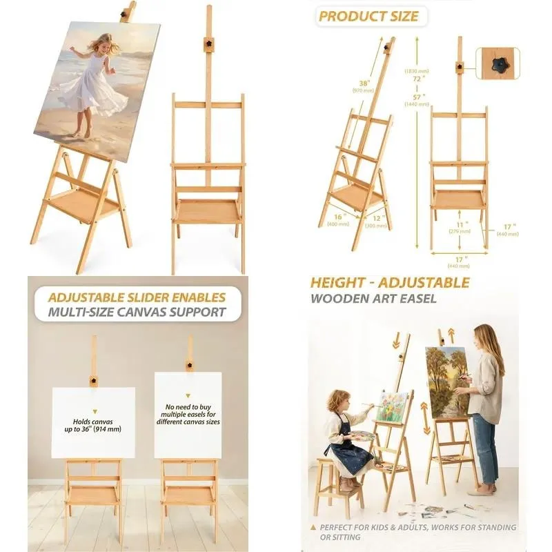 Adjustable Flexible Solid Beech Wood Art Rack Storage Tray Floor Standing Precision Machined Display Stand for Painting Art