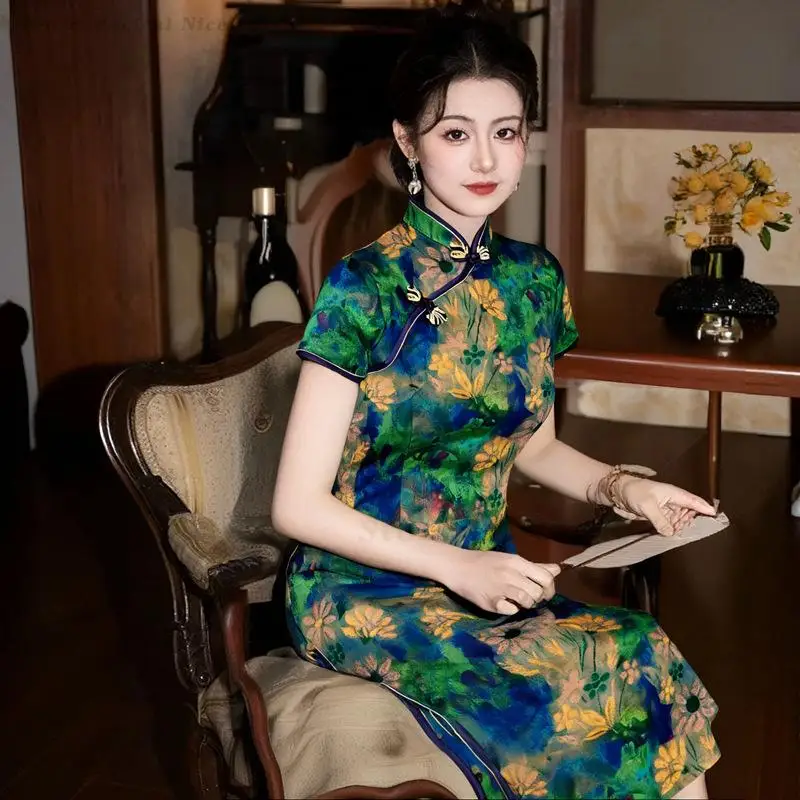 Young Teen Girls Elegant Cheongsam New Summer Green Printed Modified Chinese Qipao Retro Slim Daily Oriental Dress Sexy Vestidos