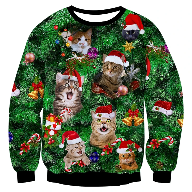 Gatos engraçados gráfico moletom de natal moda manga longa tripulação pescoço das mulheres dos homens 3d impresso hoodie casual pullovers de grandes dimensões