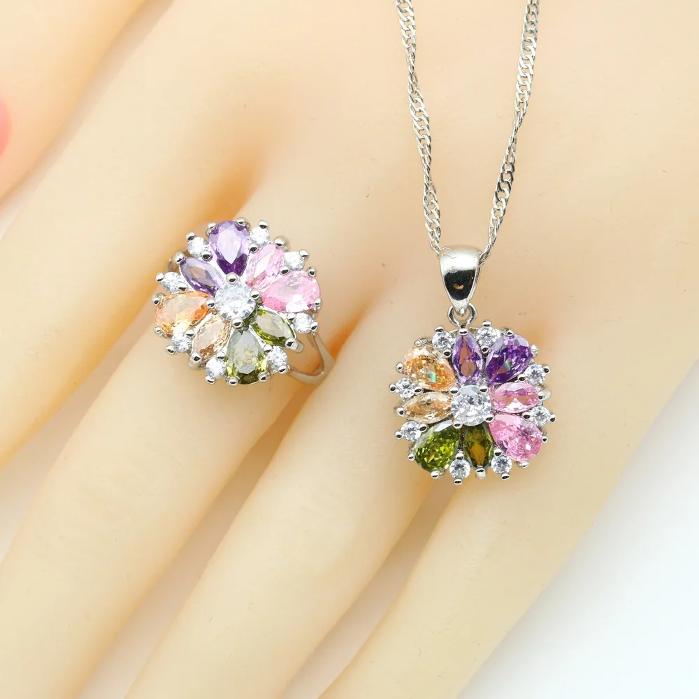 Multicolor Zirconia 925 Silver Jewelry Sets for Women Wedding Crystal Necklace Pendant Earrings Ring Party Gift