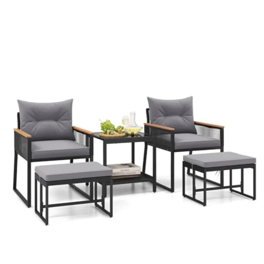 

5 Piece Patio Conversation Set PE Rattan Wicker Chairs with 2 Ottomans, Soft Cushions and 2 Tier Coffee Table, Outdoor Furnitur