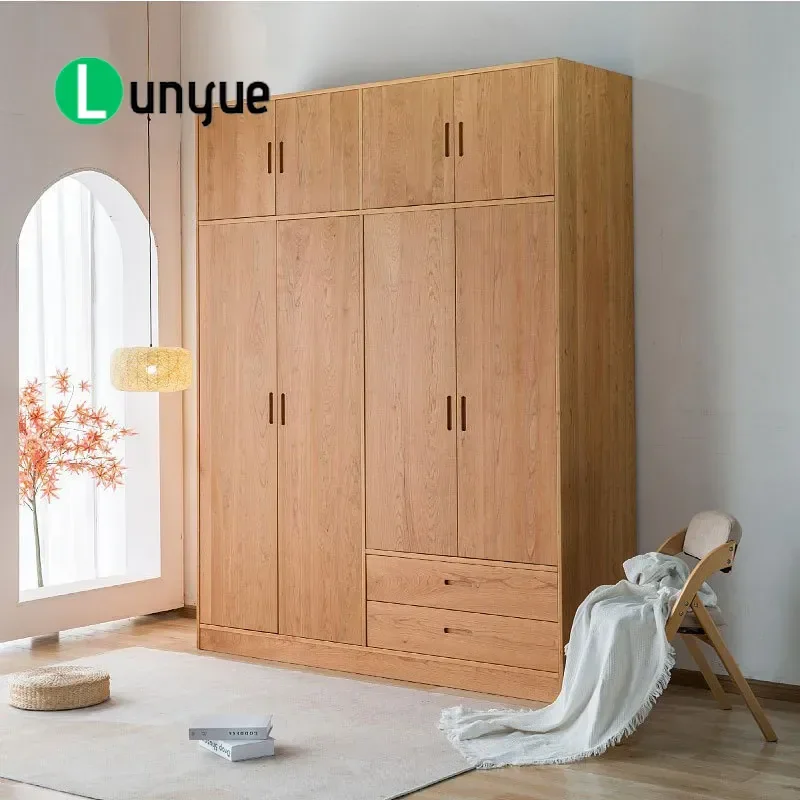 Nordic Solid Wood Wardrobe Japanese Simple Cherry Black Walnut Large Bedroom Storage Cabinet Top Hanging Closet for Adult