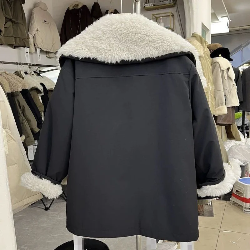 Women Cotton Coat Fashion Big Collar Plush Thick Casual Cotton Coat 2025 Winter Jacket Workwear Style Parker Coat Tops Female