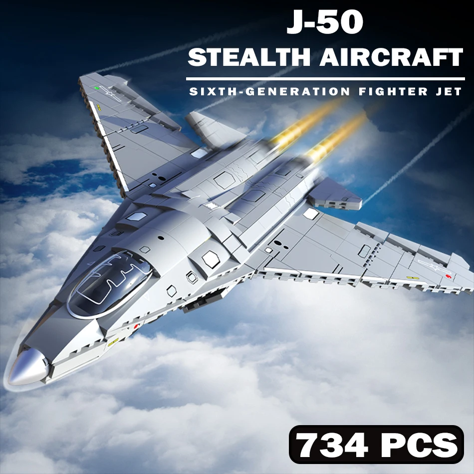 MOC Technical Military J-50 Stealth Aircraft Model Building Blocks J-35 Carrier Based Fighter Jet Bricks Toys for Kid Adult Gift