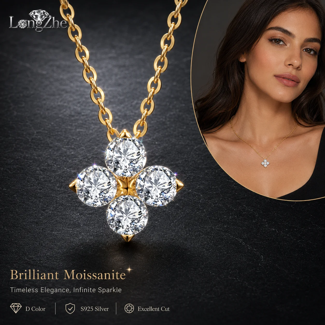 LongZhe S925 Silver Moissanite Clover Pendants Necklace 3mm 0.10CT D Color 18K Gold White Gold Plated Women Gift Fine Jewelry