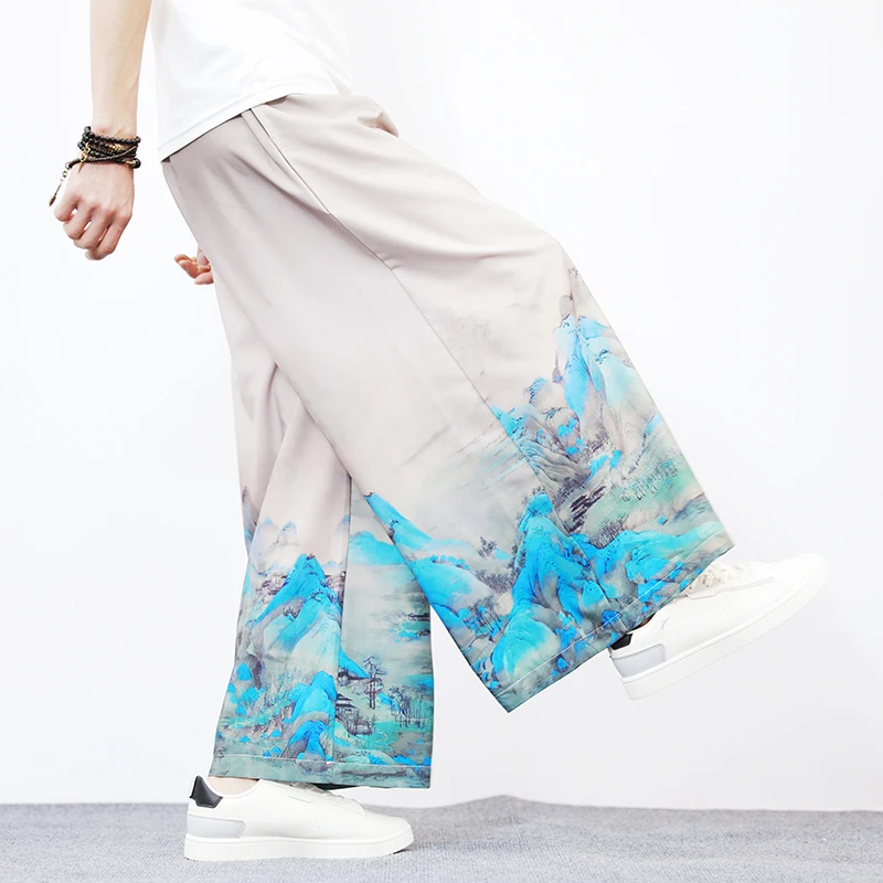 

Men's Wide Leg Pants Floral Print Hanfu Special Wide Skirt Lightweight Long Summer Casual Trousers Traditional Chinese Sle