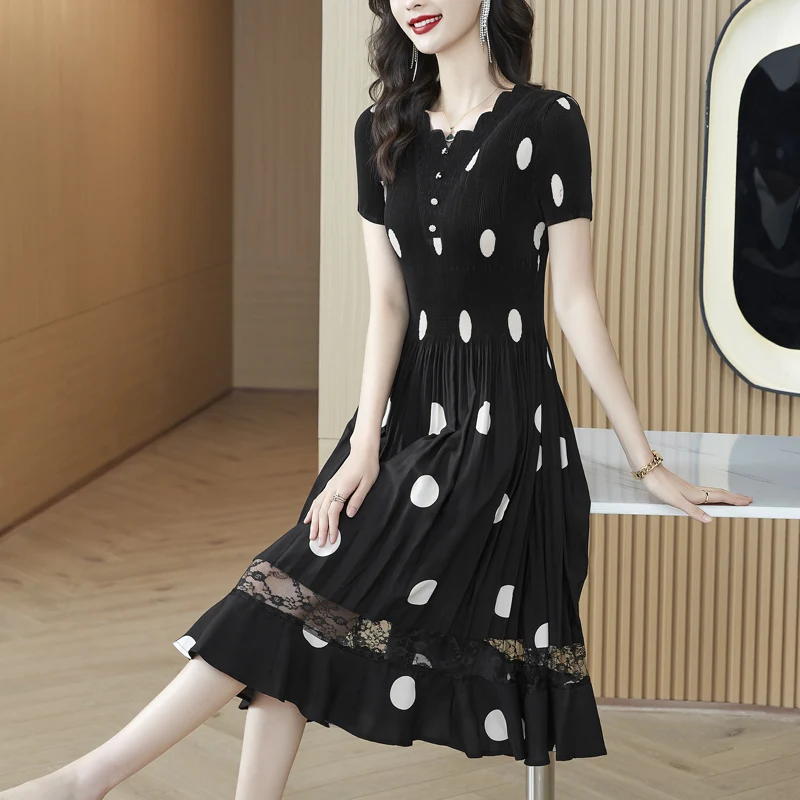 Women Summer New Polka Dot Midi Dress Korean Black Vintage Elastic Hepburn Mermaid Dress 2024 Elegant Bodycon Pleated Vestidos