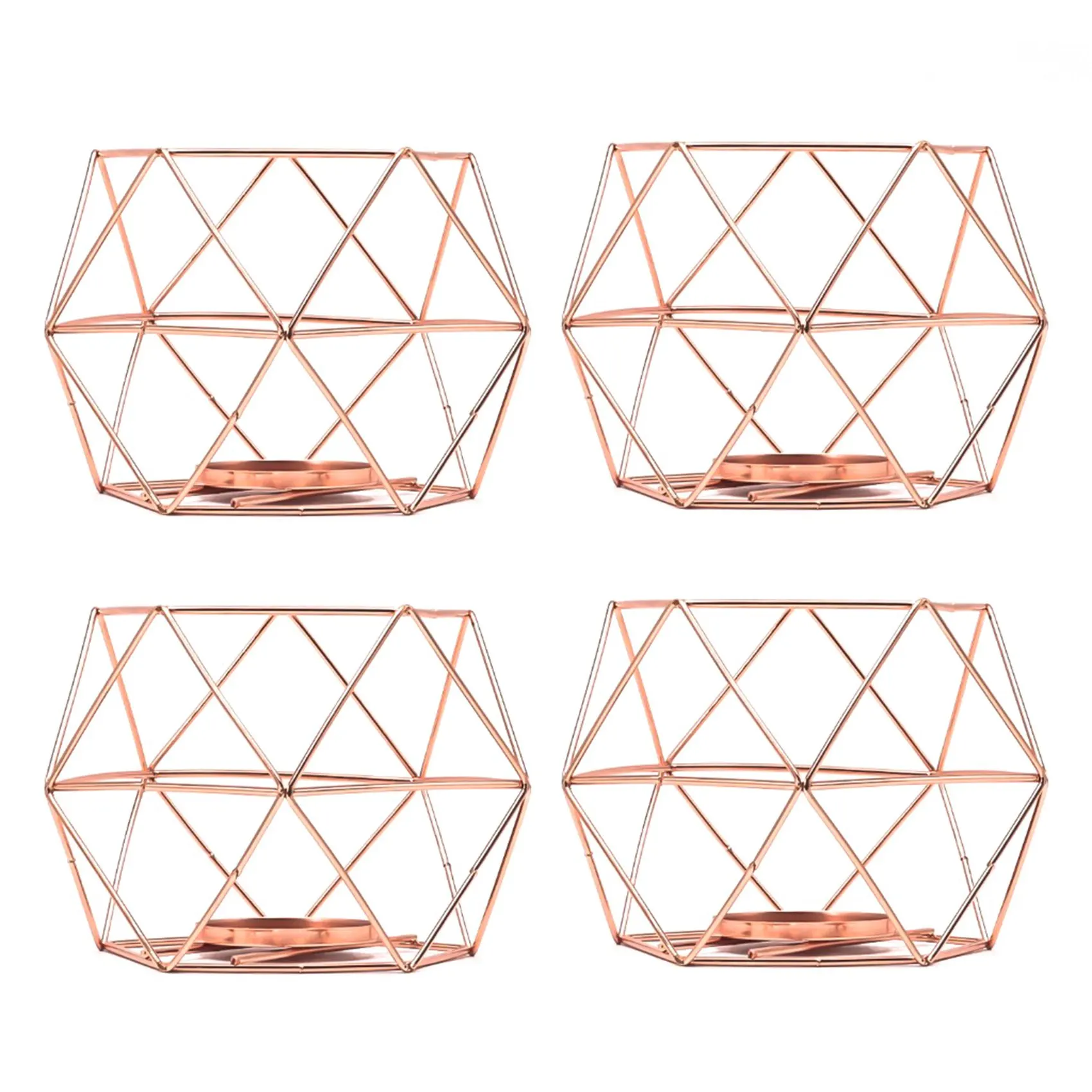 4 PCS Rose Gold Metal 3D Geometric Iron Wire Candle Holder Tea Light Candlestick Lantern for Wedding Holidays Ornaments