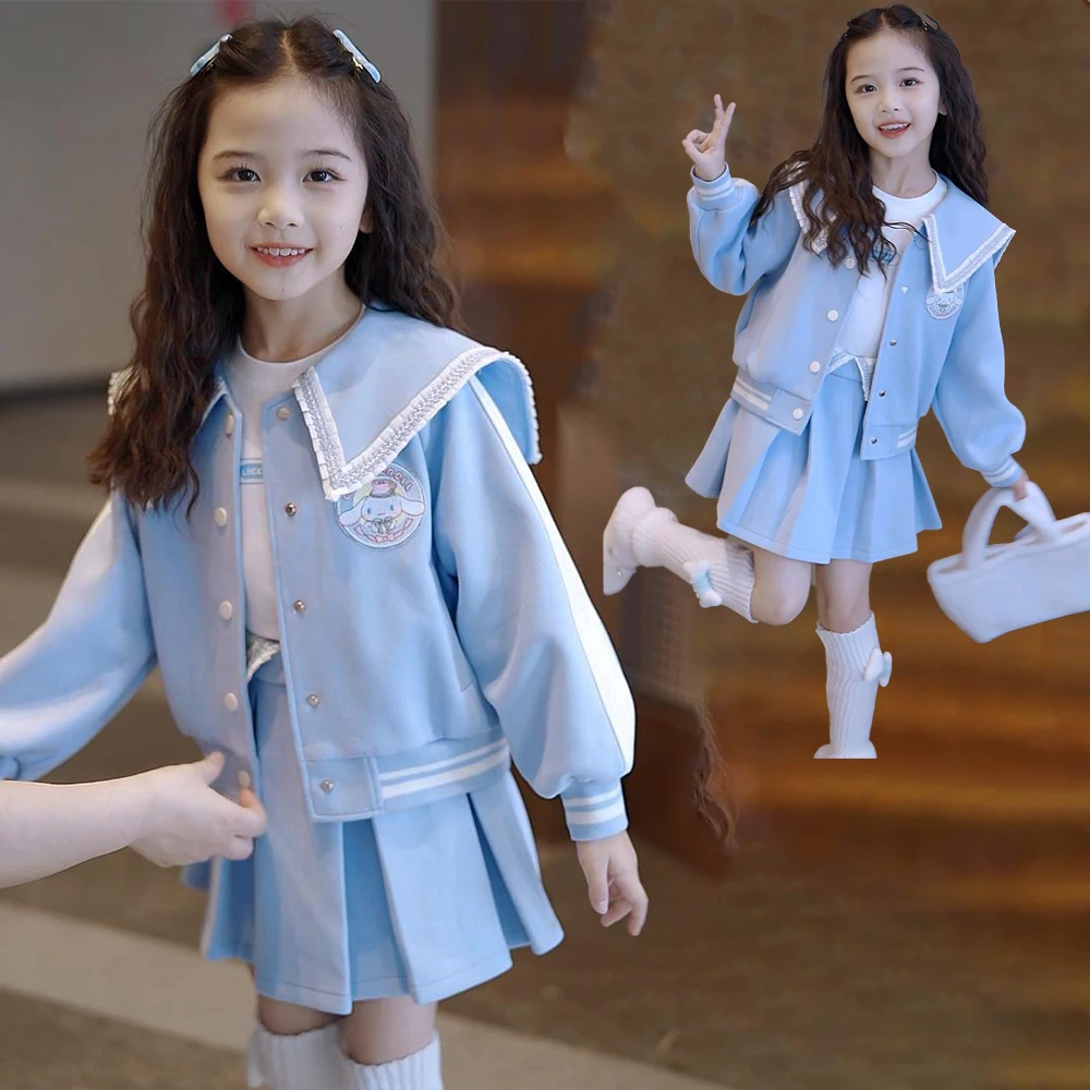 Cinnamoroll Girls' Set Sanrios Anime fashion High-Quality spring children Coat Pleated Skirt Pants Y2K Korean New Style Clothing